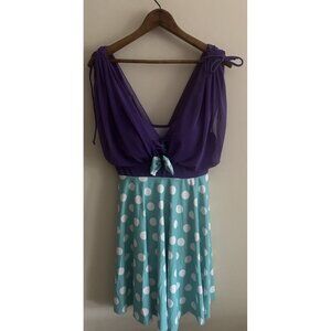 Size 8 One Piece Skirted Swimsuit Purple Teal Polka Dot Bathing Suit Bow Retro